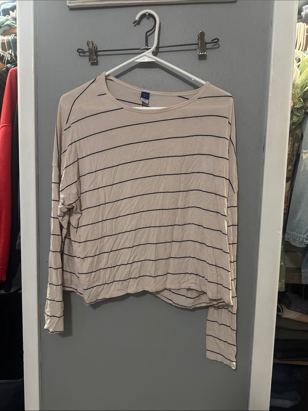 Old Navy Beige and Navy Striped Long-Sleeve Tee